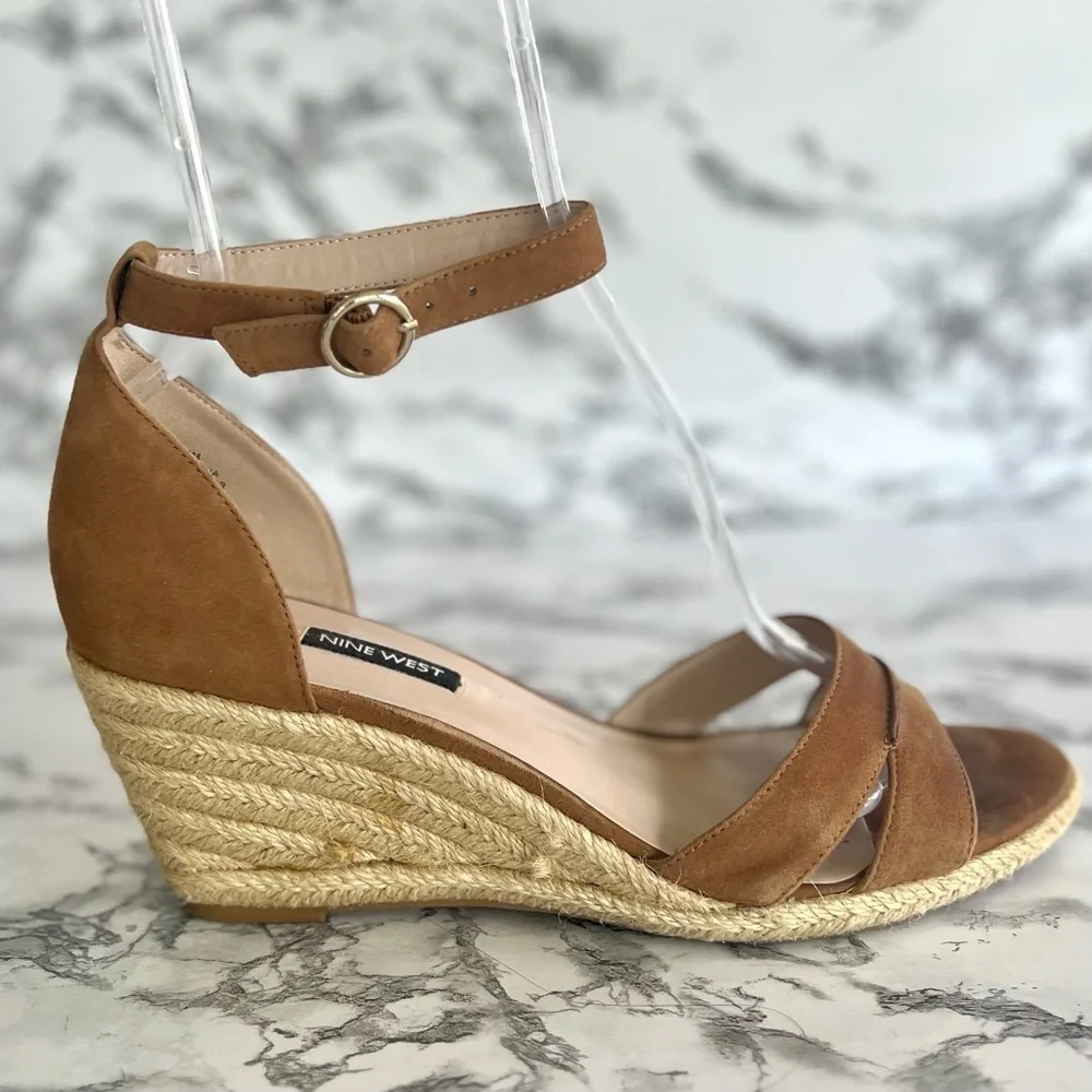 Nine West Jeranna Espadrille Tan Suede Ankle Strap Wedge Sandals 10